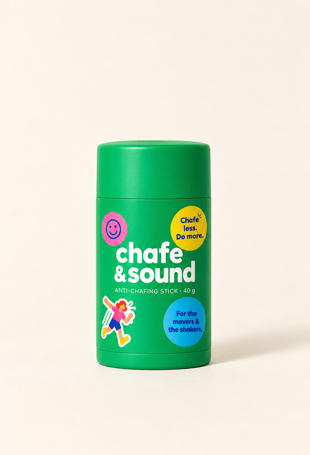 Chafe & Sound anti-chafing stick, 40 g, with a green cap on a cream background